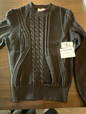 FRAME DENIM Cable Knit Thredbare Sweater Noir Black Small NWT